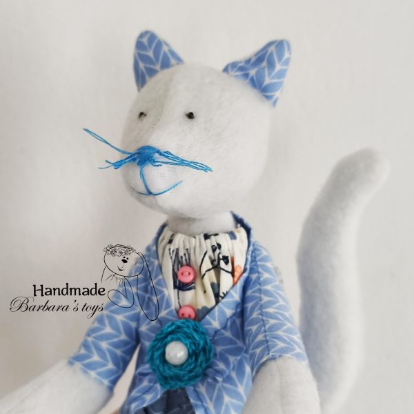 Handmade Blue Cat Textile Toy detail. игрушка ручной работы